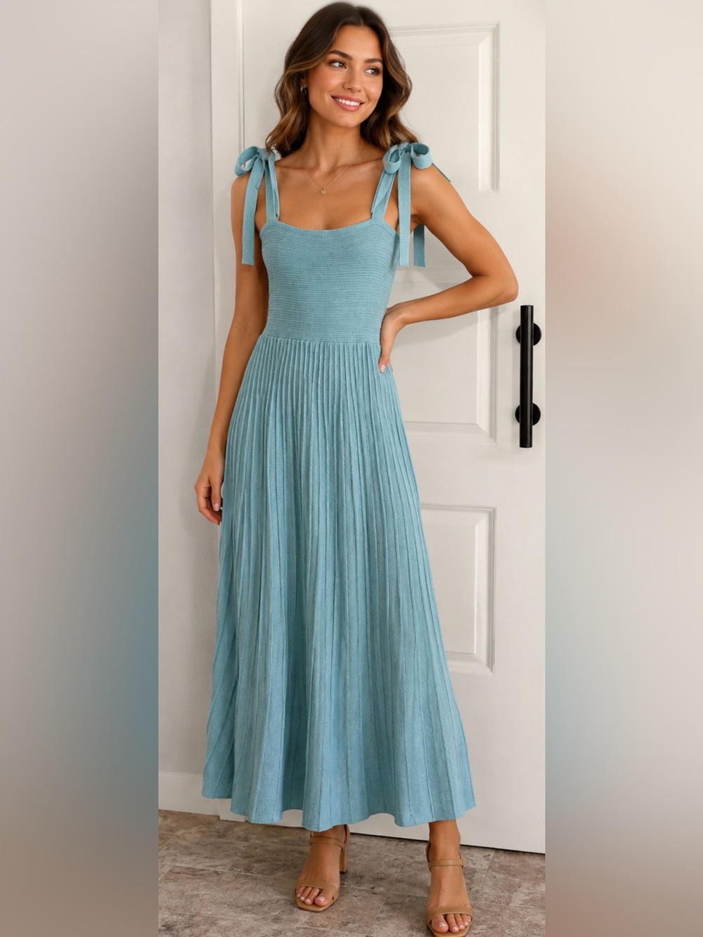 Women's Light Blue Tie-Strap Pleated Maxi Dress